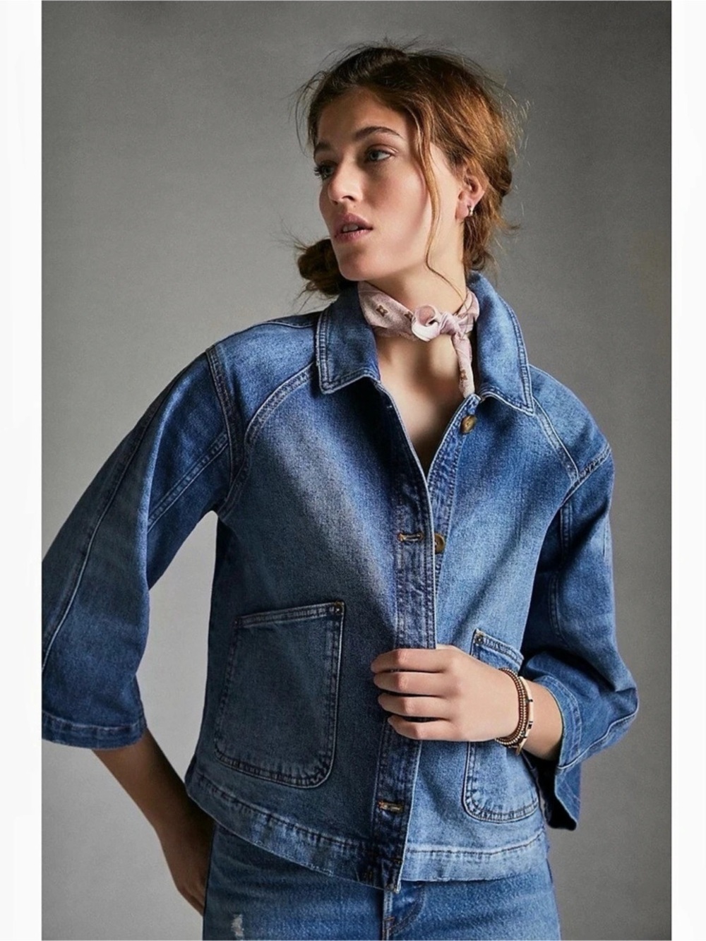 Anthropologie Pilcro Bell-Sleeved Denim Trucker Jacket SZ Large Pettite